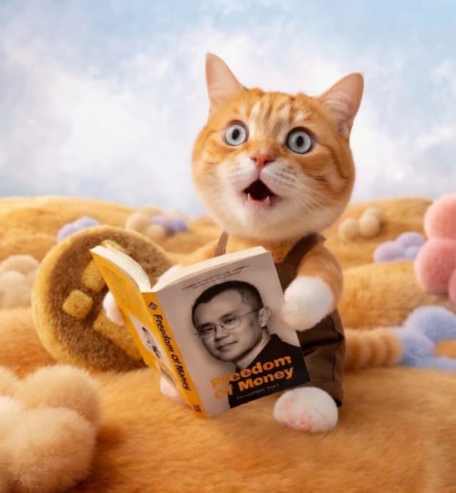 Hakimi the plush cat reading Freedom of Money